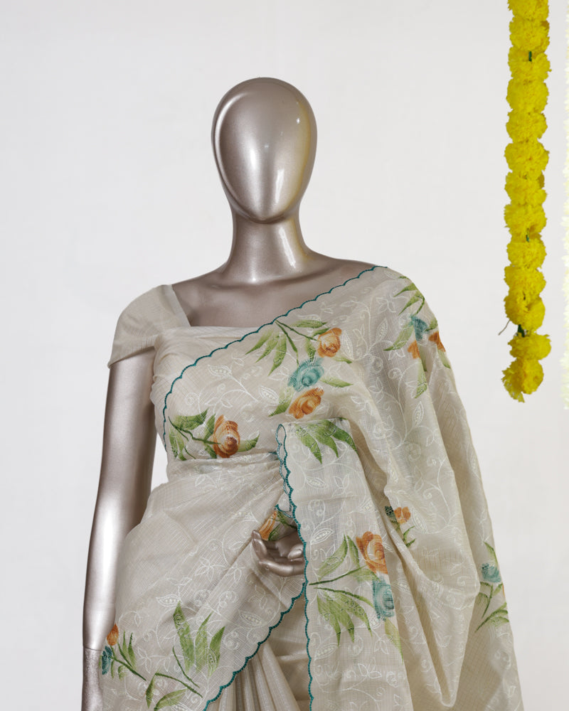 Ivory Meadow Embroidered Tissue Kota Onam Saree