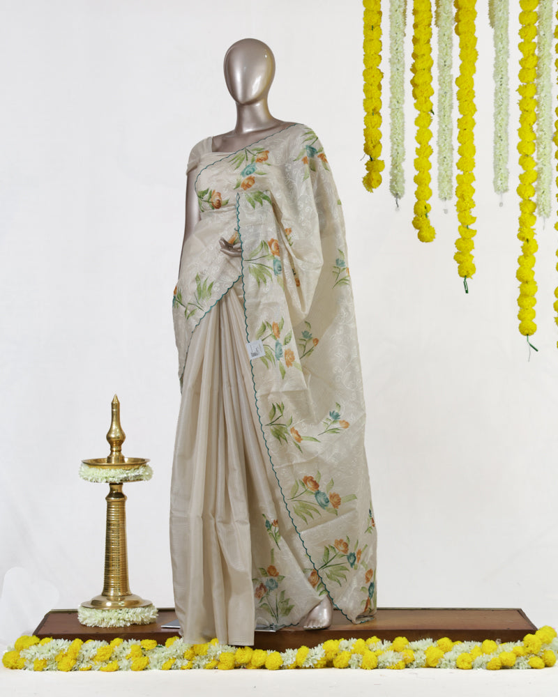 Ivory Meadow Embroidered Tissue Kota Onam Saree
