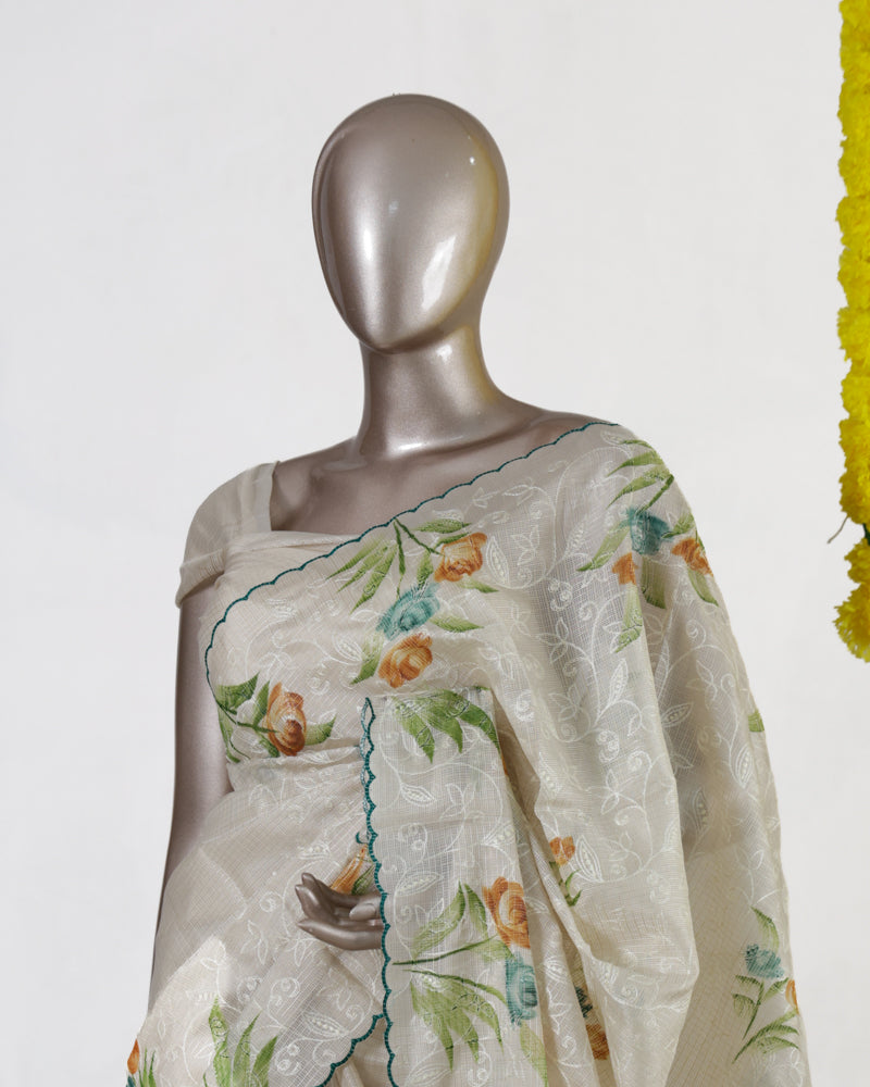 Ivory Meadow Embroidered Tissue Kota Onam Saree
