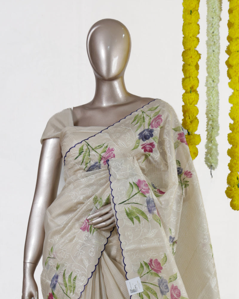 Ivory Violet Bloom Embroidered Tissue Kota Onam Saree