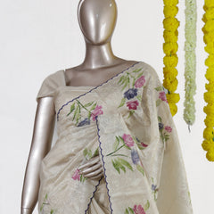 Ivory Violet Bloom Embroidered Tissue Kota Onam Saree