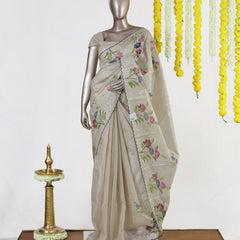 Ivory Violet Bloom Embroidered Tissue Kota Onam Saree | Silks by Santinni