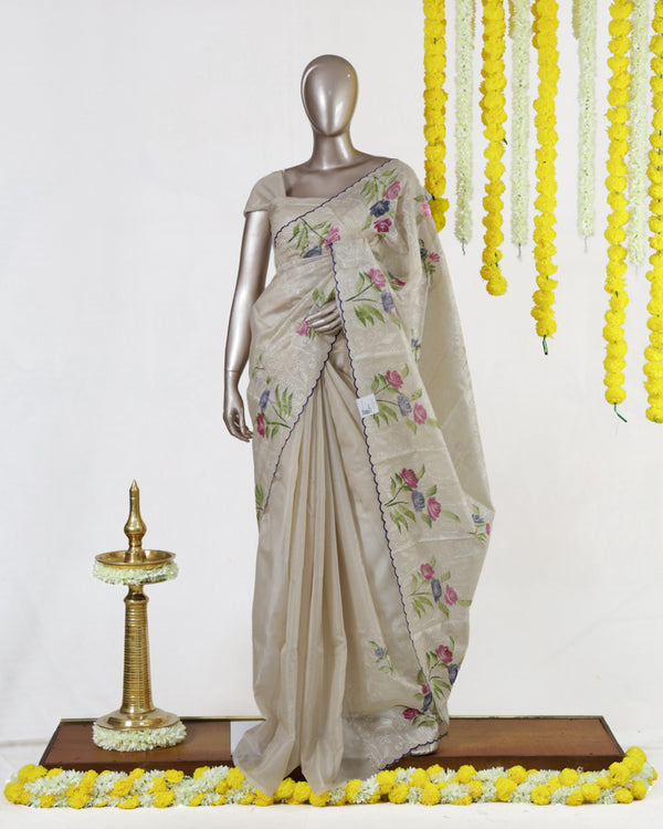 Ivory Violet Bloom Embroidered Tissue Kota Onam Saree | Silks by Santinni
