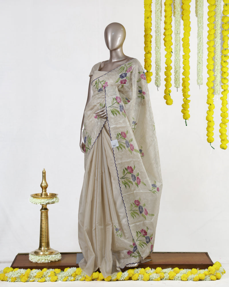 Ivory Violet Bloom Embroidered Tissue Kota Onam Saree