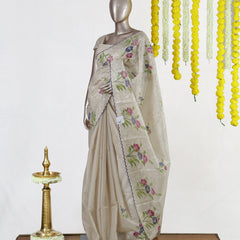 Ivory Violet Bloom Embroidered Tissue Kota Onam Saree