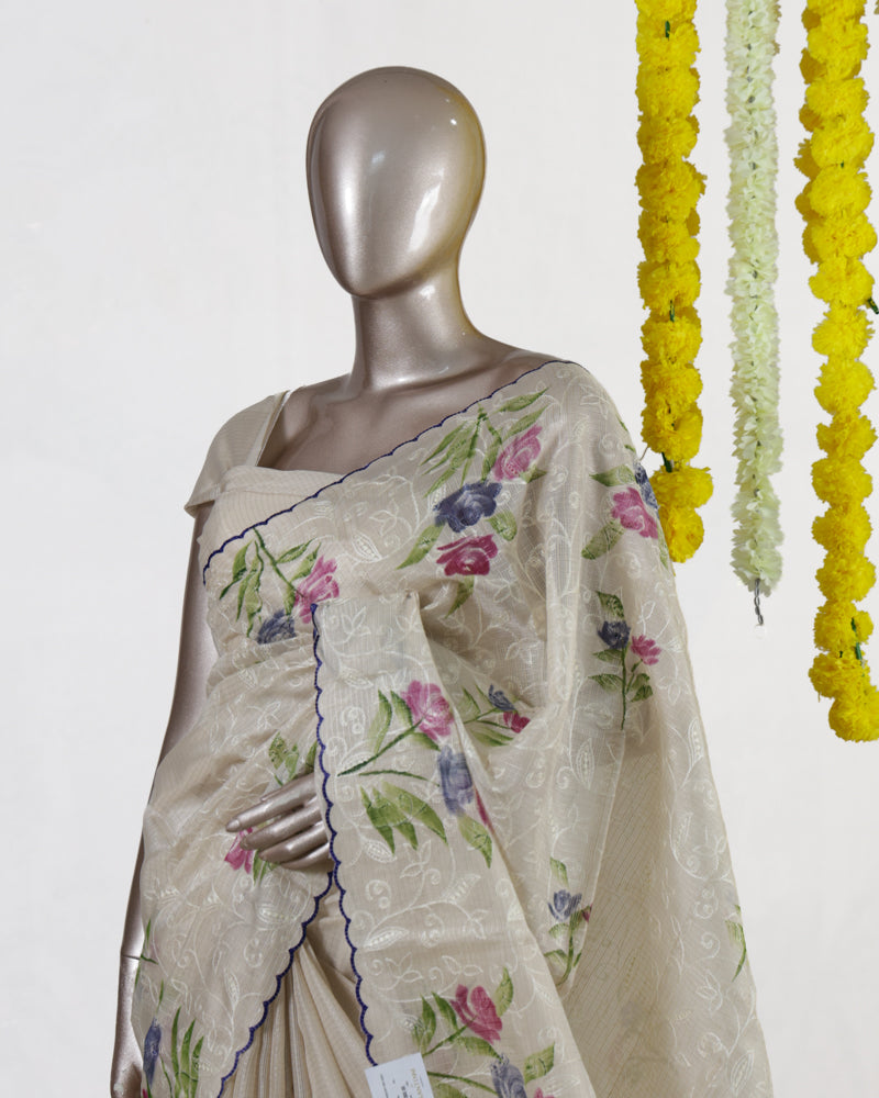 Ivory Violet Bloom Embroidered Tissue Kota Onam Saree