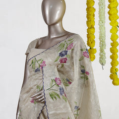 Ivory Violet Bloom Embroidered Tissue Kota Onam Saree