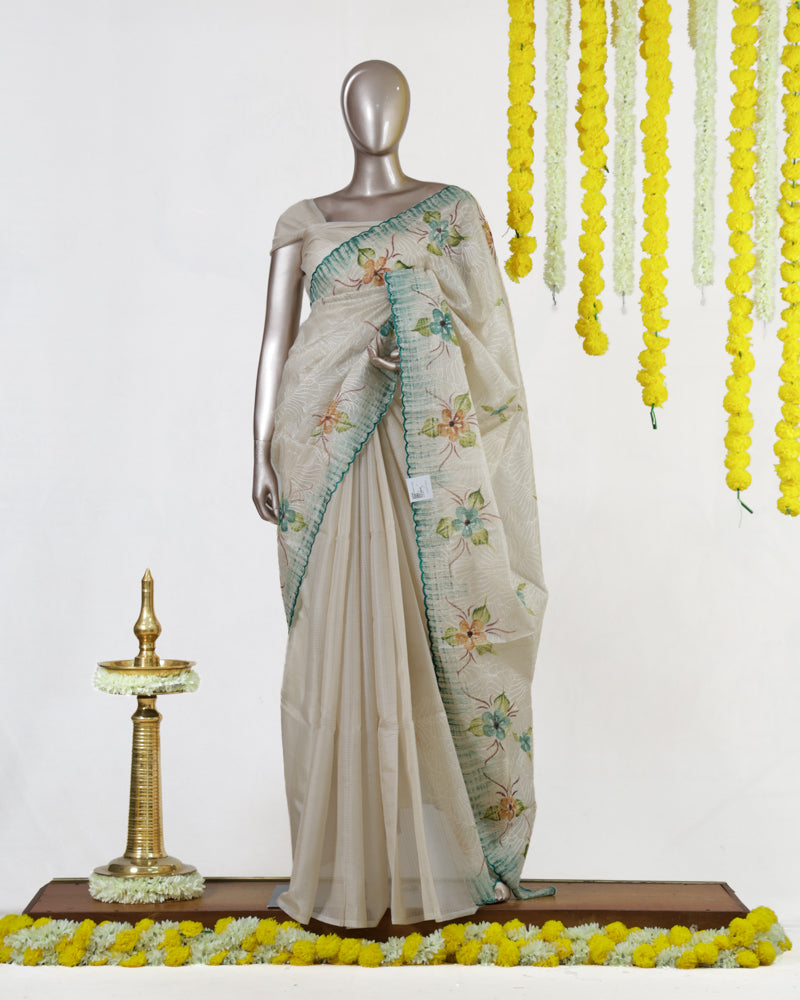 Ivory Aqua Blossom Embroidered Tissue Kota Onam Saree | Silks by Santinni
