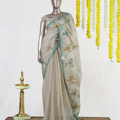 Ivory Aqua Blossom Embroidered Tissue Kota Onam Saree | Silks by Santinni