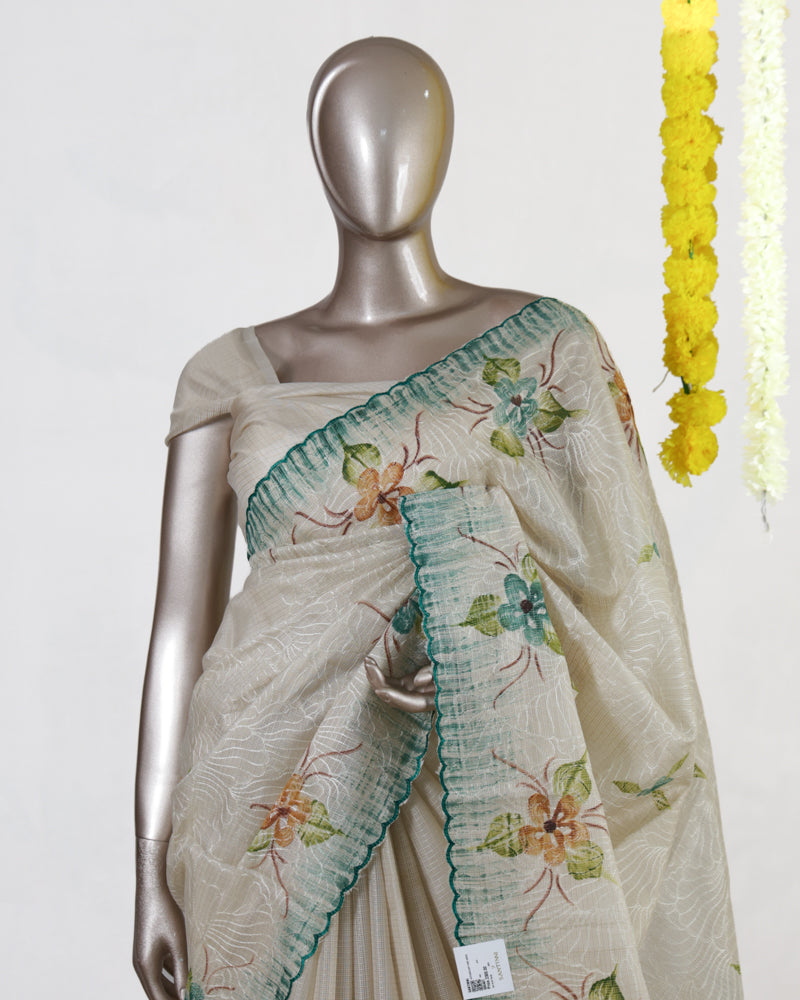 Ivory Aqua Blossom Embroidered Tissue Kota Onam Saree