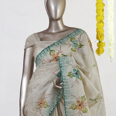 Ivory Aqua Blossom Embroidered Tissue Kota Onam Saree