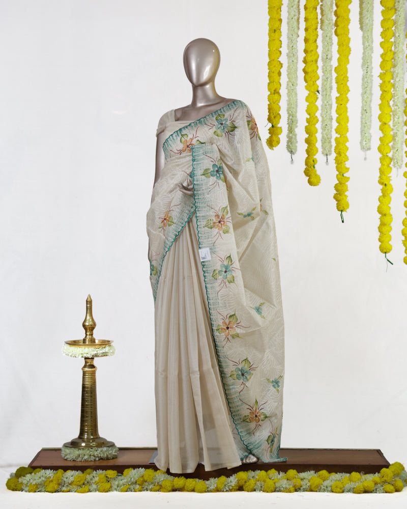 Ivory Aqua Blossom Embroidered Tissue Kota Onam Saree
