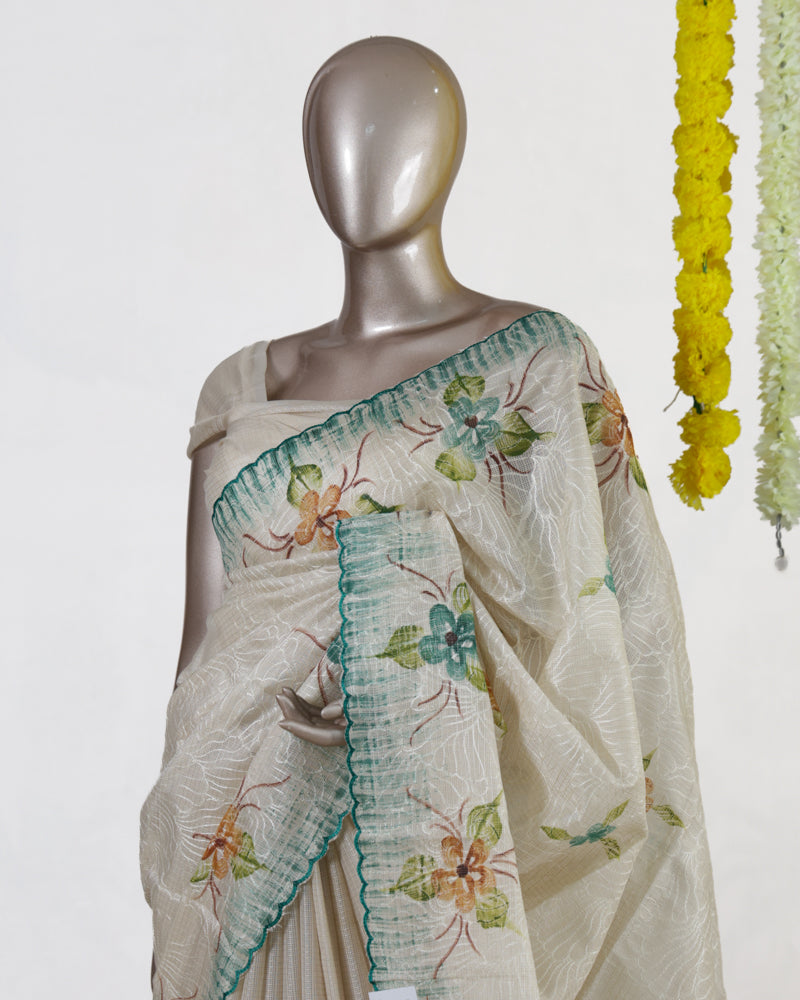 Ivory Aqua Blossom Embroidered Tissue Kota Onam Saree