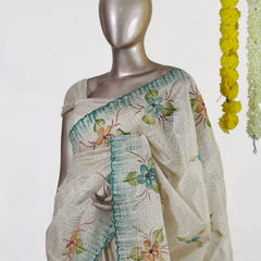 Ivory Aqua Blossom Embroidered Tissue Kota Onam Saree