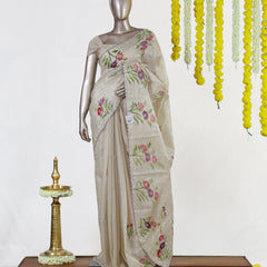 Ivory Lavender Bloom Embroidered Tissue Kota Onam Saree | Silks by Santinni
