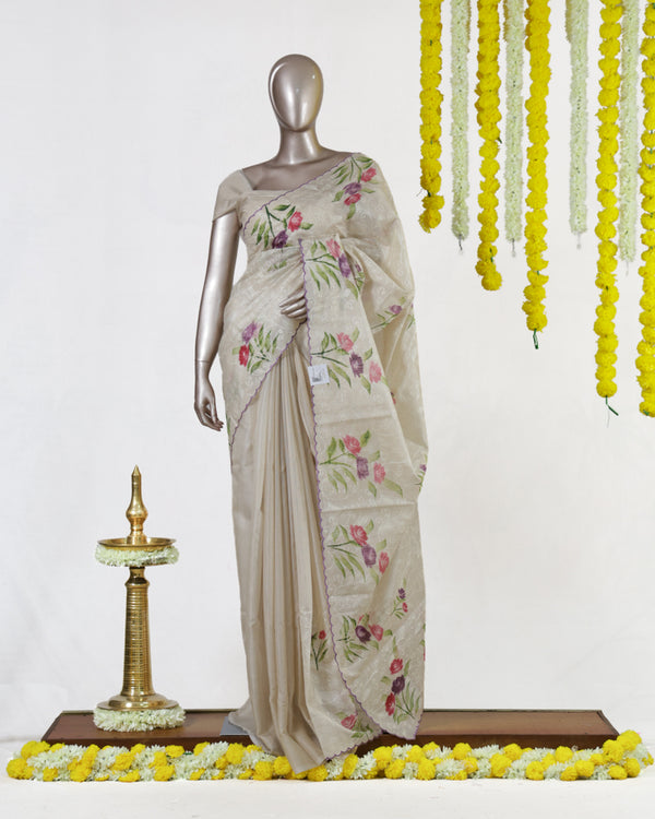 Ivory Lavender Bloom Embroidered Tissue Kota Onam Saree | Silks by Santinni