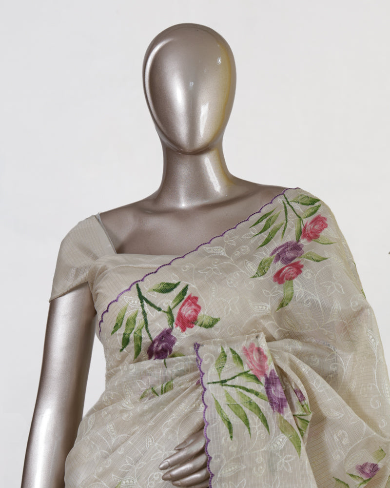 Ivory Lavender Bloom Embroidered Tissue Kota Onam Saree