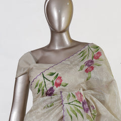 Ivory Lavender Bloom Embroidered Tissue Kota Onam Saree