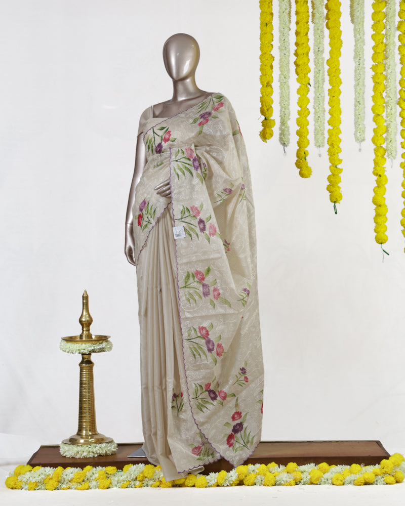 Ivory Lavender Bloom Embroidered Tissue Kota Onam Saree