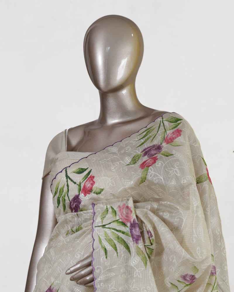 Ivory Lavender Bloom Embroidered Tissue Kota Onam Saree