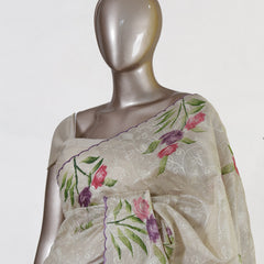 Ivory Lavender Bloom Embroidered Tissue Kota Onam Saree