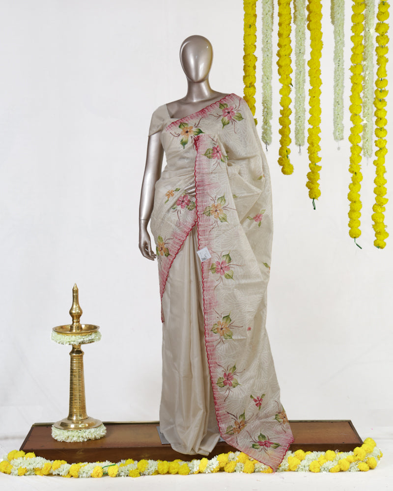 Ivory Rose Blossom Embroidered Tissue Kota Onam Saree | Silks by Santinni
