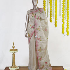 Ivory Rose Blossom Embroidered Tissue Kota Onam Saree | Silks by Santinni