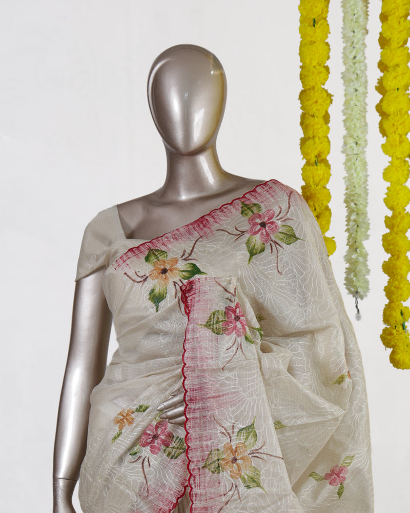 Ivory Rose Blossom Embroidered Tissue Kota Onam Saree