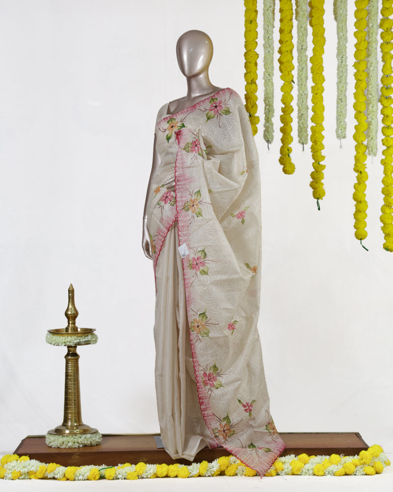Ivory Rose Blossom Embroidered Tissue Kota Onam Saree