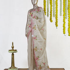 Ivory Rose Blossom Embroidered Tissue Kota Onam Saree