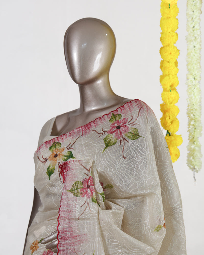 Ivory Rose Blossom Embroidered Tissue Kota Onam Saree