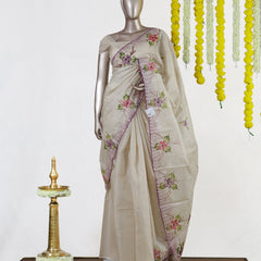 Ivory Orchid Bloom Embroidered Tissue Kota Onam Saree | Silks by Santinni