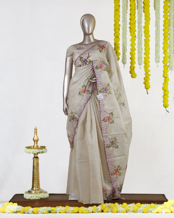 Ivory Orchid Bloom Embroidered Tissue Kota Onam Saree | Silks by Santinni