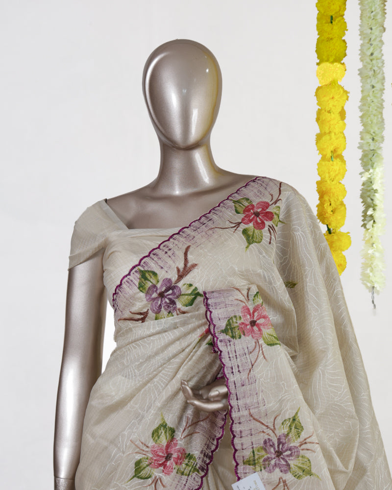 Ivory Orchid Bloom Embroidered Tissue Kota Onam Saree