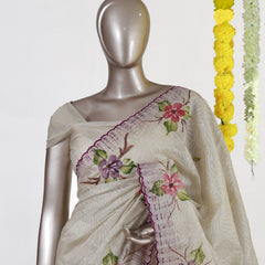 Ivory Orchid Bloom Embroidered Tissue Kota Onam Saree
