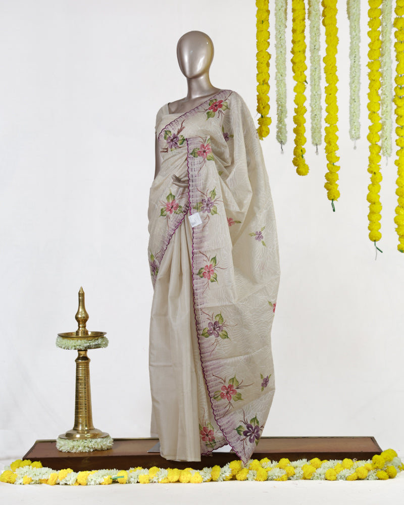 Ivory Orchid Bloom Embroidered Tissue Kota Onam Saree