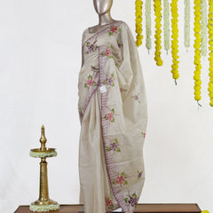 Ivory Orchid Bloom Embroidered Tissue Kota Onam Saree