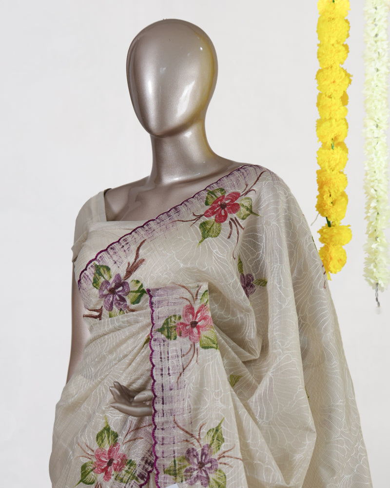 Ivory Orchid Bloom Embroidered Tissue Kota Onam Saree