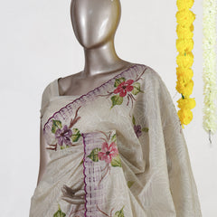 Ivory Orchid Bloom Embroidered Tissue Kota Onam Saree