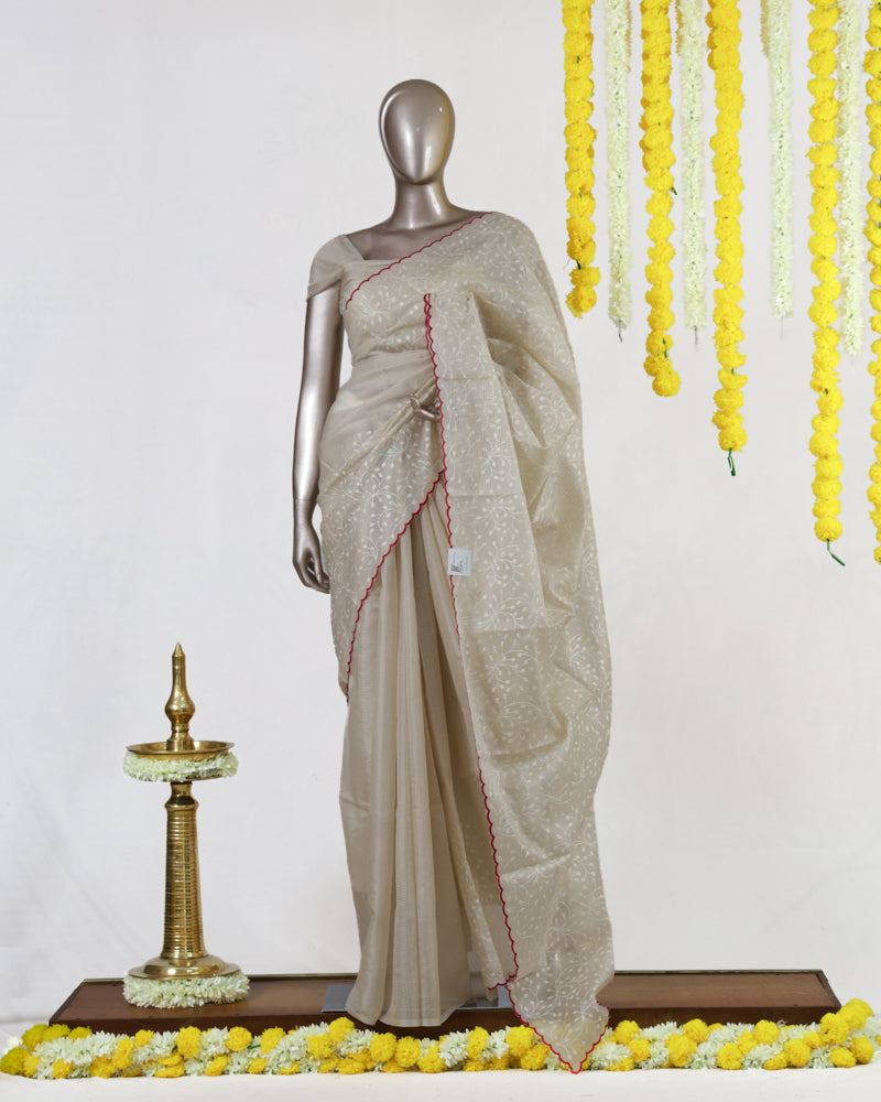 Ivory Heritage Embroidered Tissue Kota Onam Saree | Silks by Santinni