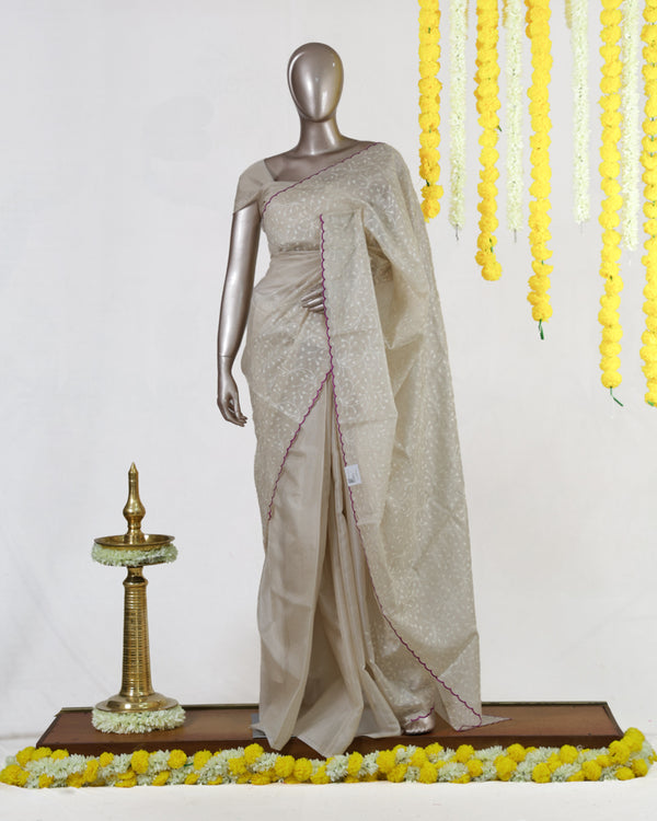 Ivory Ruby Heritage Embroidered Tissue Kota Onam Saree | Silks by Santinni