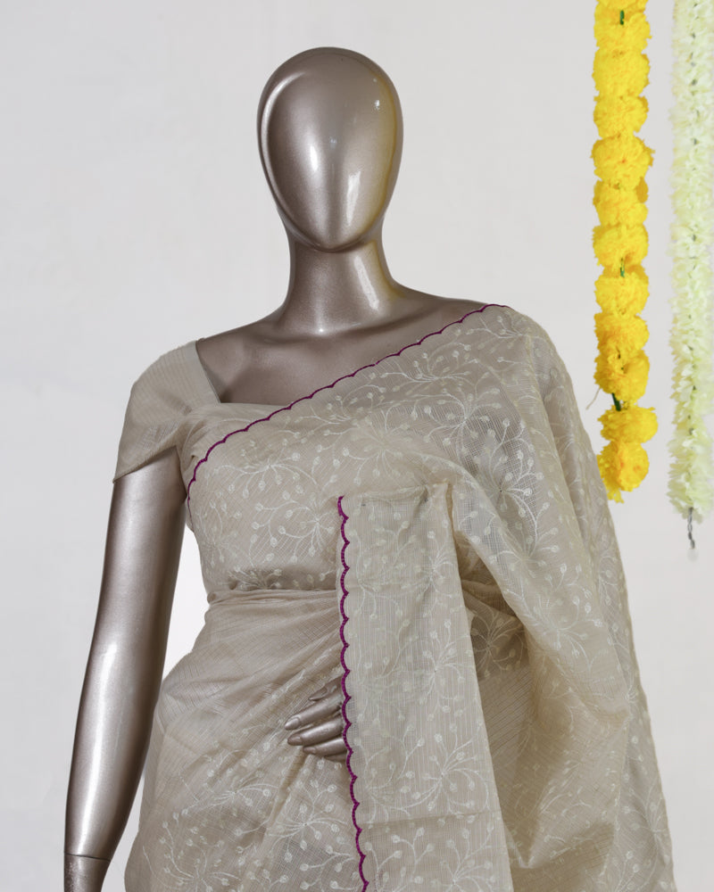 Ivory Ruby Heritage Embroidered Tissue Kota Onam Saree