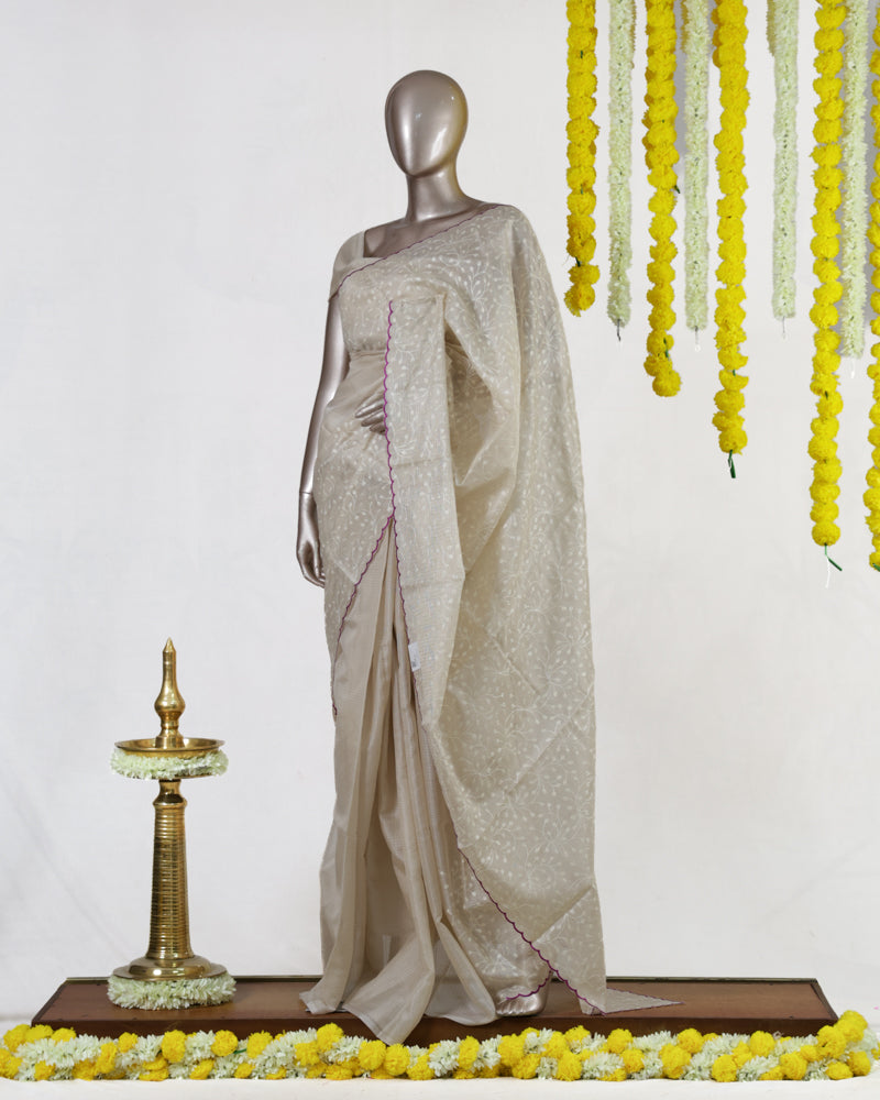 Ivory Ruby Heritage Embroidered Tissue Kota Onam Saree