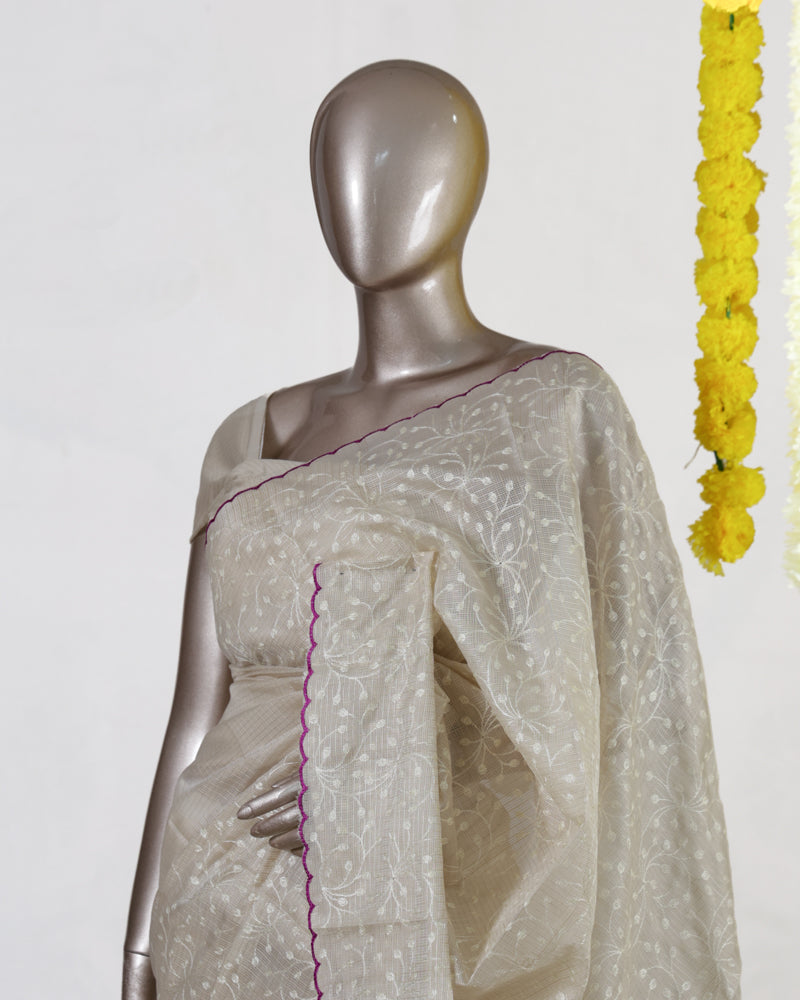 Ivory Ruby Heritage Embroidered Tissue Kota Onam Saree