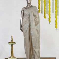 Ivory Emerald Heritage Embroidered Tissue Kota Onam Saree | Silks by Santinni