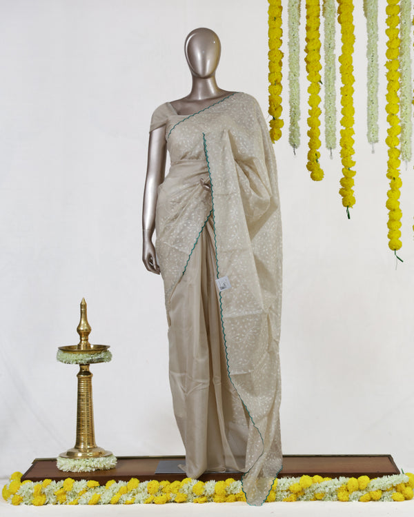 Ivory Emerald Heritage Embroidered Tissue Kota Onam Saree | Silks by Santinni