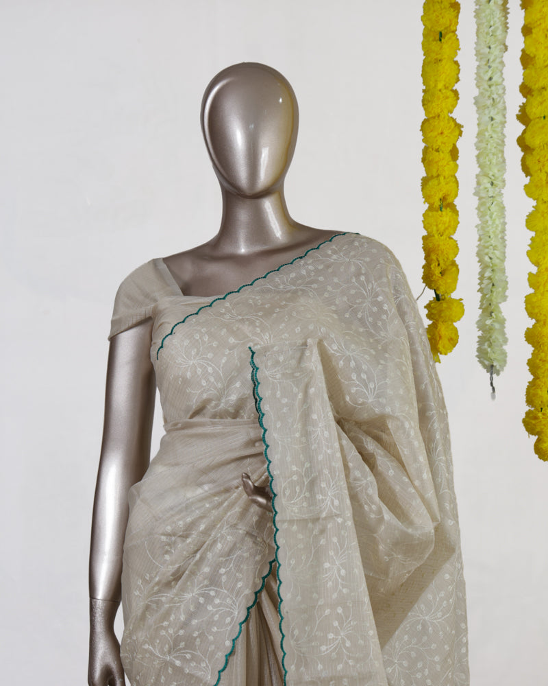 Ivory Emerald Heritage Embroidered Tissue Kota Onam Saree