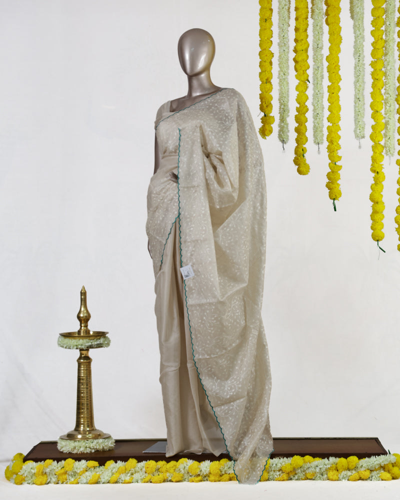 Ivory Emerald Heritage Embroidered Tissue Kota Onam Saree