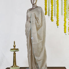 Ivory Emerald Heritage Embroidered Tissue Kota Onam Saree
