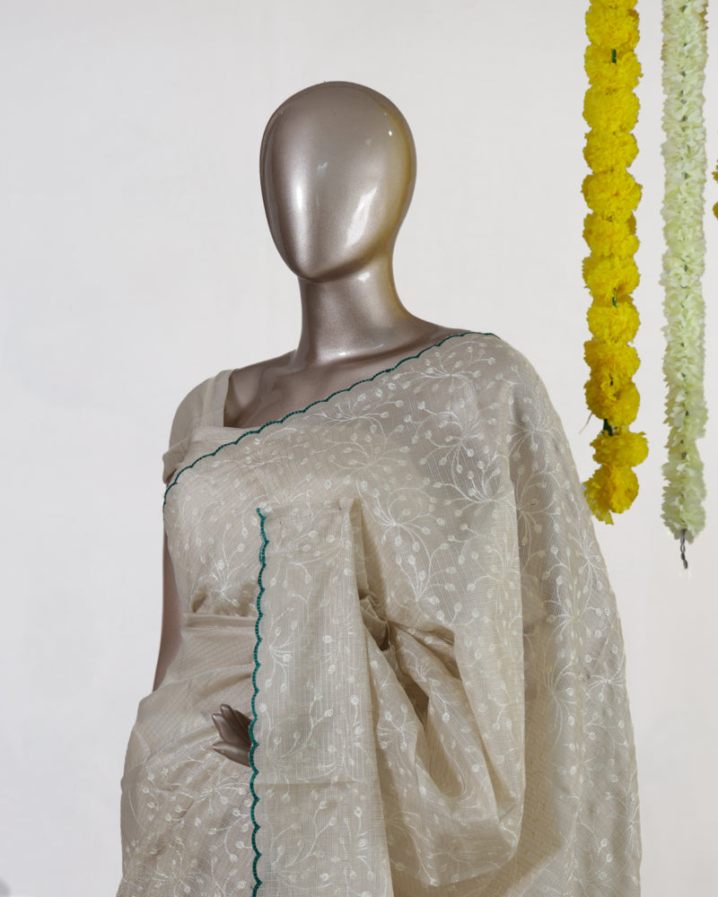Ivory Emerald Heritage Embroidered Tissue Kota Onam Saree